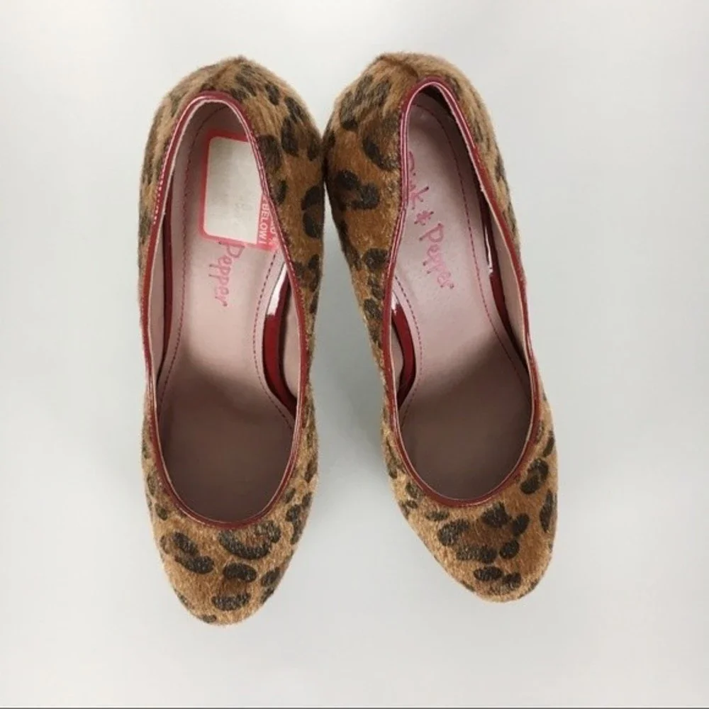 Pink & Pepper Size 8.5 Pin Up Rockabilly Leopard Faux Fur Platform Heels Pumps‎